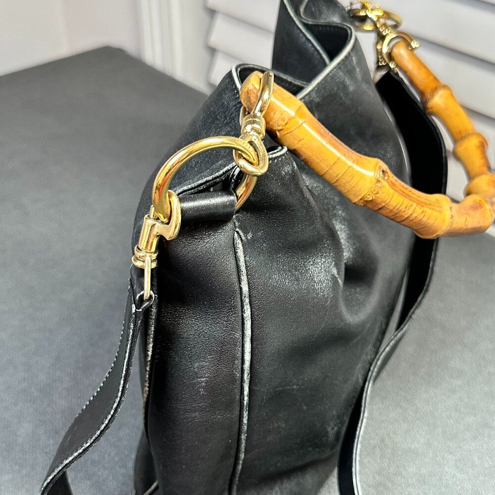 🖤 GUCCI BLACK LEATHER SHOULDER BAG W/ BAMBOO HANDLE & STRAP - VINTAGE 🖤 - Picture 3 of 10
